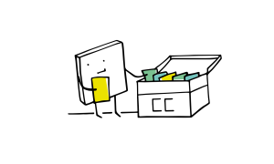 Illustration eines Cartoon-Charakters, der eine Creative Commons Box hält, die sich auf das Teilen von Inhalten auf Plattformen wie YouTube bezieht.